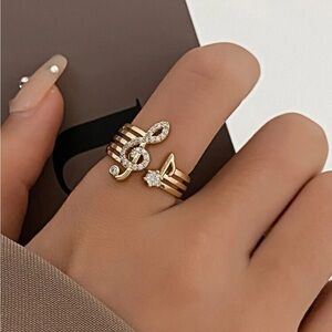 Gold Rhinestone Music Note Wrap Ring, Music Note Ring